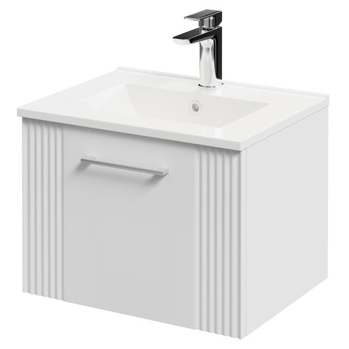 Avant Satin White 500mm Wall Mounted Vanity Unit with 1 Tap Hole Minimalist Basin and Single Drawer with Polished Chrome Handle Right Hand View