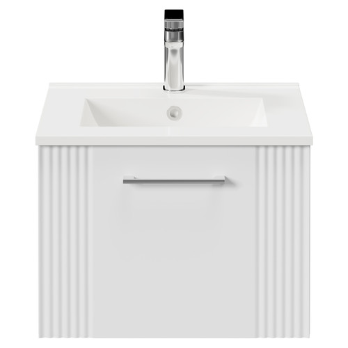 Avant Satin White 500mm Wall Mounted Vanity Unit with 1 Tap Hole Minimalist Basin and Single Drawer with Polished Chrome Handle Front View