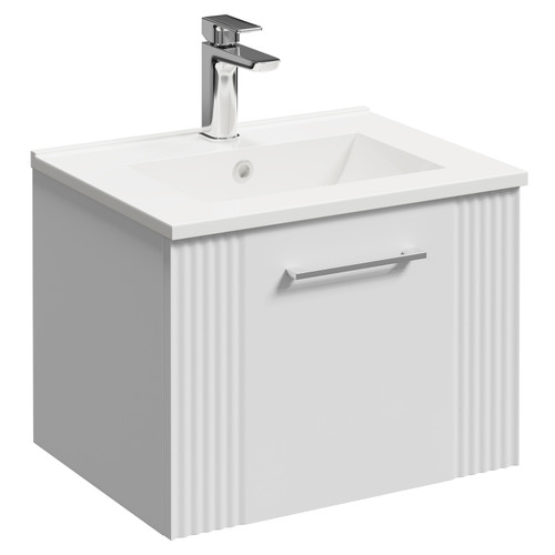 Avant Satin White 500mm Wall Mounted Vanity Unit with 1 Tap Hole Minimalist Basin and Single Drawer with Polished Chrome Handle Left Hand View