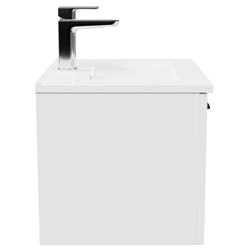 Avant Satin White 500mm Wall Mounted Vanity Unit with 1 Tap Hole Minimalist Basin and Single Drawer with Polished Chrome Handle Side View