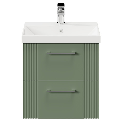 Avant Satin Green 500mm Wall Mounted Vanity Unit with 1 Tap Hole Slim Edge Basin and 2 Drawers with Polished Chrome Handles Front View
