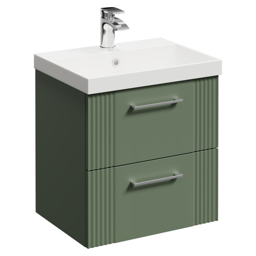 Avant Satin Green 500mm Wall Mounted Vanity Unit with 1 Tap Hole Slim Edge Basin and 2 Drawers with Polished Chrome Handles Left Hand View