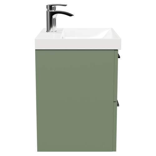 Avant Satin Green 500mm Wall Mounted Vanity Unit with 1 Tap Hole Slim Edge Basin and 2 Drawers with Polished Chrome Handles Side View