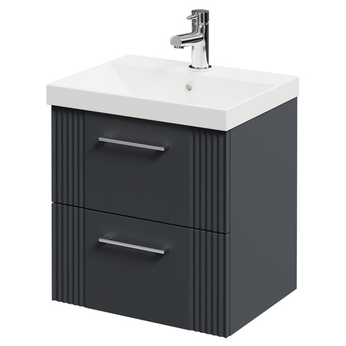 Avant Satin Anthracite 500mm Wall Mounted Vanity Unit with 1 Tap Hole Slim Edge Basin and 2 Drawers with Polished Chrome Handles Right Hand View