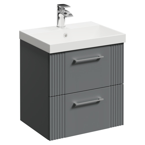 Avant Satin Grey 500mm Wall Mounted Vanity Unit with 1 Tap Hole Slim Edge Basin and 2 Drawers with Polished Chrome Handles Left Hand View