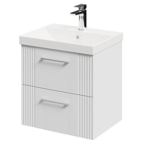 Avant Satin White 500mm Wall Mounted Vanity Unit with 1 Tap Hole Slim Edge Basin and 2 Drawers with Polished Chrome Handles Right Hand View