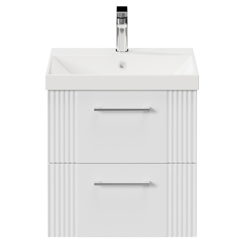 Avant Satin White 500mm Wall Mounted Vanity Unit with 1 Tap Hole Slim Edge Basin and 2 Drawers with Polished Chrome Handles Front View