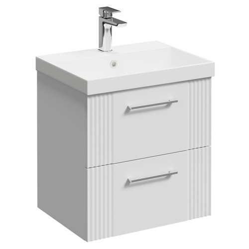 Avant Satin White 500mm Wall Mounted Vanity Unit with 1 Tap Hole Slim Edge Basin and 2 Drawers with Polished Chrome Handles Left Hand View
