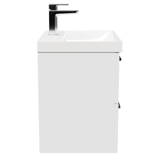 Avant Satin White 500mm Wall Mounted Vanity Unit with 1 Tap Hole Slim Edge Basin and 2 Drawers with Polished Chrome Handles Side View