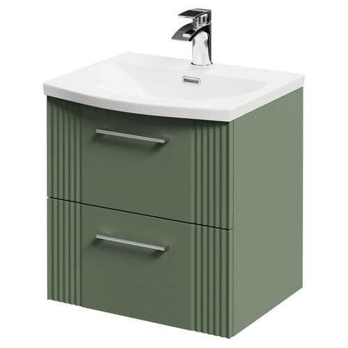 Avant Satin Green 500mm Wall Mounted Vanity Unit with 1 Tap Hole Curved Basin and 2 Drawers with Polished Chrome Handles Right Hand View