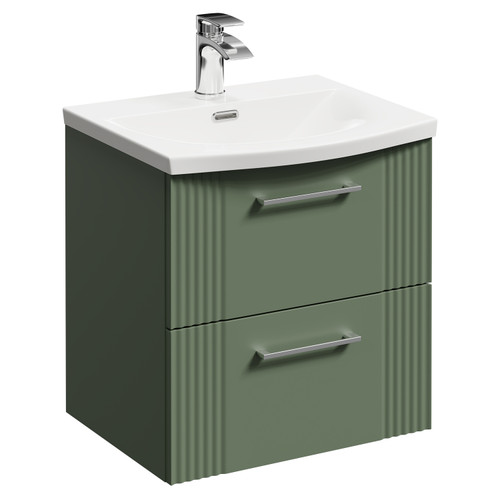 Avant Satin Green 500mm Wall Mounted Vanity Unit with 1 Tap Hole Curved Basin and 2 Drawers with Polished Chrome Handles Left Hand View