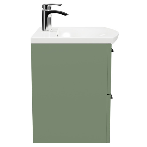 Avant Satin Green 500mm Wall Mounted Vanity Unit with 1 Tap Hole Curved Basin and 2 Drawers with Polished Chrome Handles Side View
