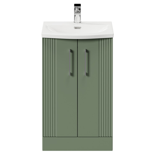Avant Satin Green 500mm Floor Standing Vanity Unit with 1 Tap Hole Curved Basin and 2 Doors with Polished Chrome Handles Front View