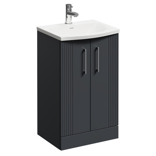 Avant Satin Anthracite 500mm Floor Standing Vanity Unit with 1 Tap Hole Curved Basin and 2 Doors with Polished Chrome Handles Left Hand View