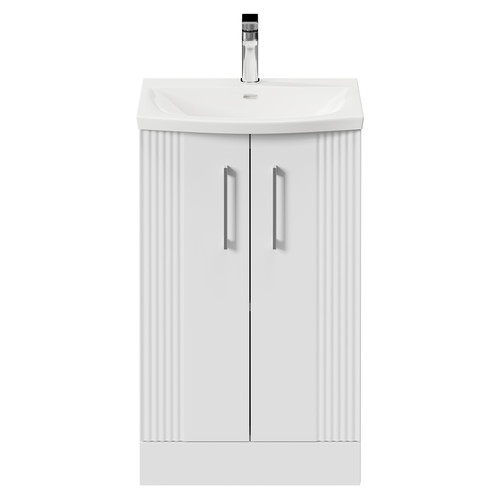 Avant Satin White 500mm Floor Standing Vanity Unit with 1 Tap Hole Curved Basin and 2 Doors with Polished Chrome Handles Front View