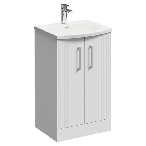 Avant Satin White 500mm Floor Standing Vanity Unit with 1 Tap Hole Curved Basin and 2 Doors with Polished Chrome Handles Left Hand View