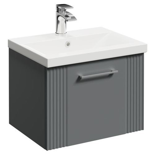 Avant Satin Grey 500mm Wall Mounted Vanity Unit with 1 Tap Hole Mid Edge Basin and Single Drawer with Polished Chrome Handle Left Hand View