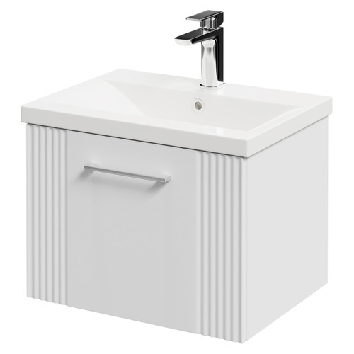 Avant Satin White 500mm Wall Mounted Vanity Unit with 1 Tap Hole Mid Edge Basin and Single Drawer with Polished Chrome Handle Right Hand View