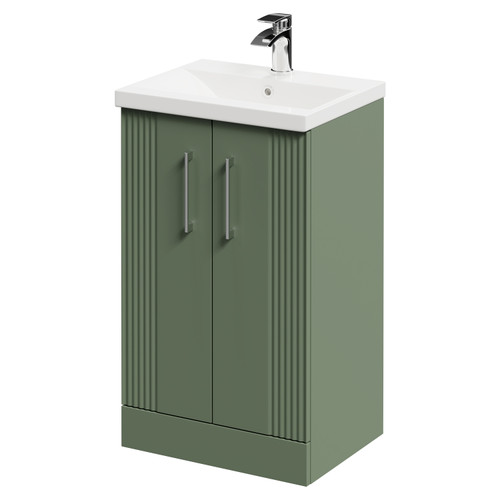 Avant Satin Green 500mm Floor Standing Vanity Unit with 1 Tap Hole Mid Edge Basin and 2 Doors with Polished Chrome Handles Right Hand View