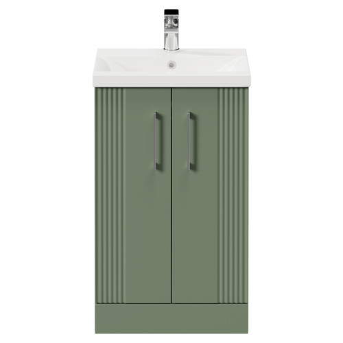 Avant Satin Green 500mm Floor Standing Vanity Unit with 1 Tap Hole Mid Edge Basin and 2 Doors with Polished Chrome Handles Front View