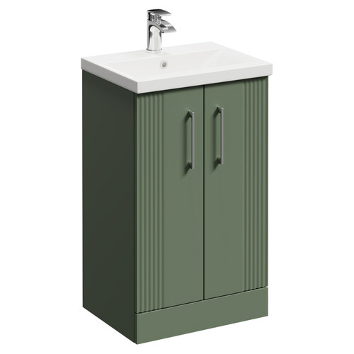 Avant Satin Green 500mm Floor Standing Vanity Unit with 1 Tap Hole Mid Edge Basin and 2 Doors with Polished Chrome Handles Left Hand View