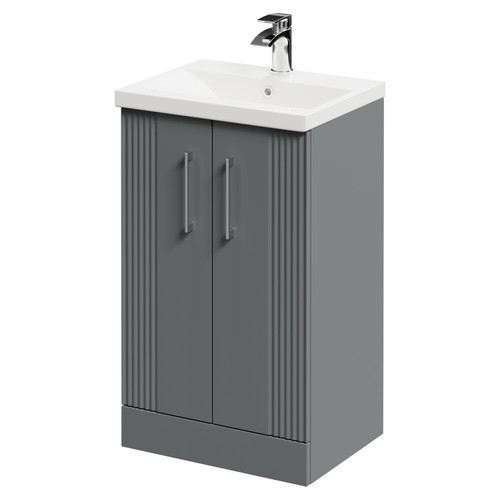 Avant Satin Grey 500mm Floor Standing Vanity Unit with 1 Tap Hole Mid Edge Basin and 2 Doors with Polished Chrome Handles Right Hand View