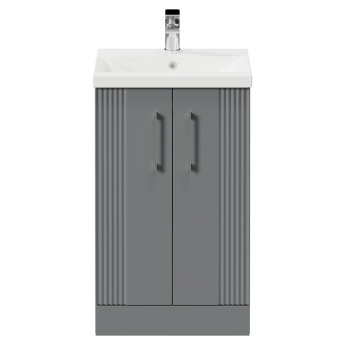 Avant Satin Grey 500mm Floor Standing Vanity Unit with 1 Tap Hole Mid Edge Basin and 2 Doors with Polished Chrome Handles Front View