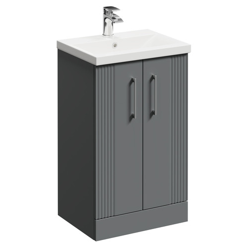Avant Satin Grey 500mm Floor Standing Vanity Unit with 1 Tap Hole Mid Edge Basin and 2 Doors with Polished Chrome Handles Left Hand View