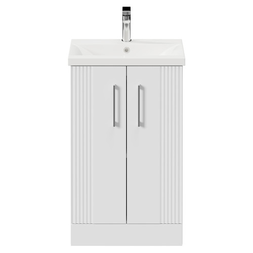 Avant Satin White 500mm Floor Standing Vanity Unit with 1 Tap Hole Mid Edge Basin and 2 Doors with Polished Chrome Handles Front View