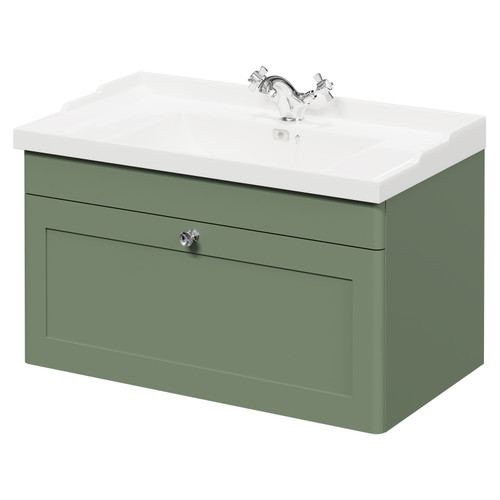 Danbury Satin Green 800mm Wall Mounted Vanity Unit with 1 Tap Hole Traditional Basin and Single Drawer with Polished Chrome Handle Right Hand View