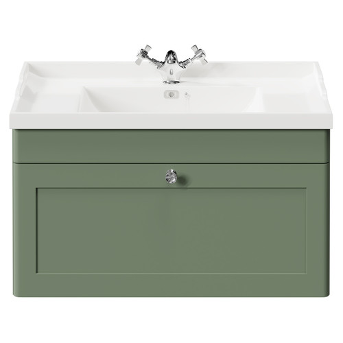 Danbury Satin Green 800mm Wall Mounted Vanity Unit with 1 Tap Hole Traditional Basin and Single Drawer with Polished Chrome Handle Front View