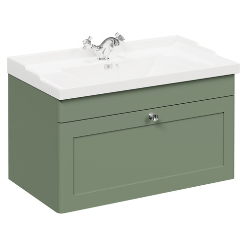 Danbury Satin Green 800mm Wall Mounted Vanity Unit with 1 Tap Hole Traditional Basin and Single Drawer with Polished Chrome Handle Left Hand View