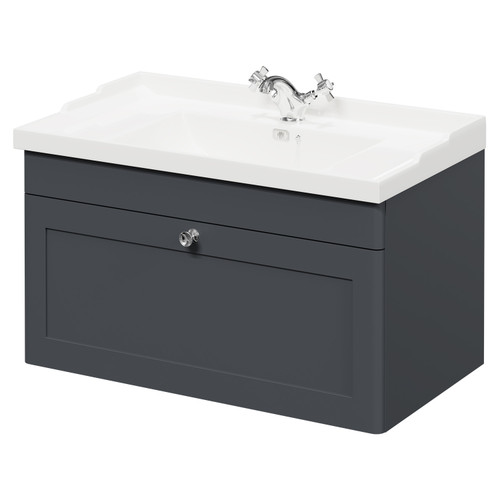 Danbury Satin Anthracite 800mm Wall Mounted Vanity Unit with 1 Tap Hole Traditional Basin and Single Drawer with Polished Chrome Handle Right Hand View