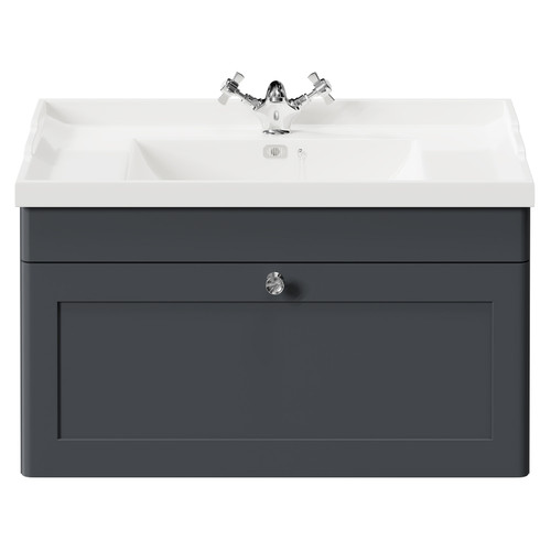 Danbury Satin Anthracite 800mm Wall Mounted Vanity Unit with 1 Tap Hole Traditional Basin and Single Drawer with Polished Chrome Handle Front View