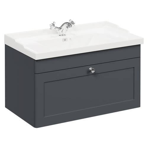 Danbury Satin Anthracite 800mm Wall Mounted Vanity Unit with 1 Tap Hole Traditional Basin and Single Drawer with Polished Chrome Handle Left Hand View