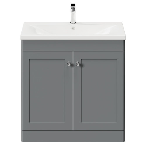 Danbury Satin Grey 800mm Floor Standing Vanity Unit with 1 Tap Hole Modern Basin and 2 Doors with Polished Chrome Handles Front View