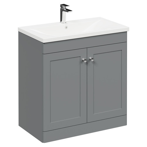 Danbury Satin Grey 800mm Floor Standing Vanity Unit with 1 Tap Hole Modern Basin and 2 Doors with Polished Chrome Handles Left Hand View