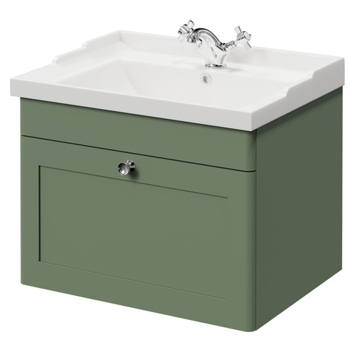 Danbury Satin Green 600mm Wall Mounted Vanity Unit with 1 Tap Hole Traditional Basin and Single Drawer with Polished Chrome Handle Right Hand View
