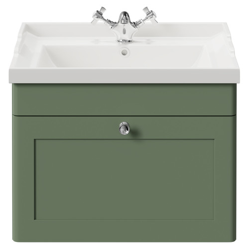 Danbury Satin Green 600mm Wall Mounted Vanity Unit with 1 Tap Hole Traditional Basin and Single Drawer with Polished Chrome Handle View from Front