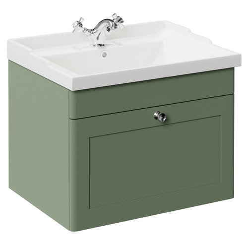 Danbury Satin Green 600mm Wall Mounted Vanity Unit with 1 Tap Hole Traditional Basin and Single Drawer with Polished Chrome Handle Left Hand View