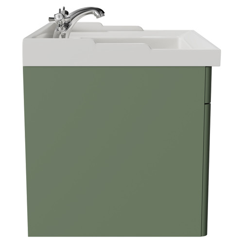 Danbury Satin Green 600mm Wall Mounted Vanity Unit with 1 Tap Hole Traditional Basin and Single Drawer with Polished Chrome Handle View from Side
