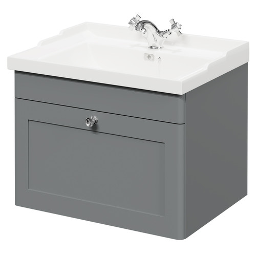Danbury Satin Grey 600mm Wall Mounted Vanity Unit with 1 Tap Hole Traditional Basin and Single Drawer with Polished Chrome Handle Right Hand View