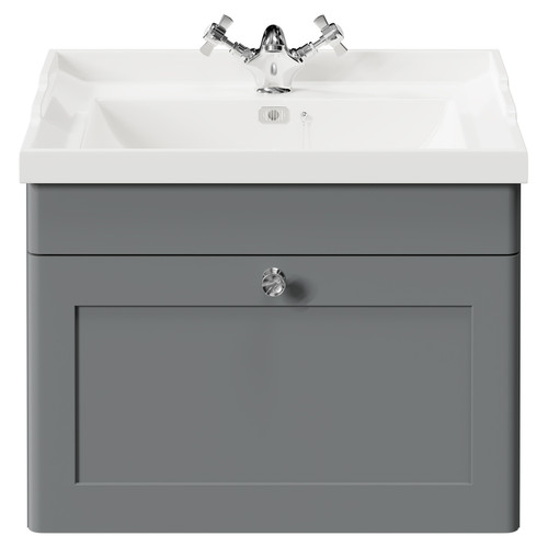 Danbury Satin Grey 600mm Wall Mounted Vanity Unit with 1 Tap Hole Traditional Basin and Single Drawer with Polished Chrome Handle Front View