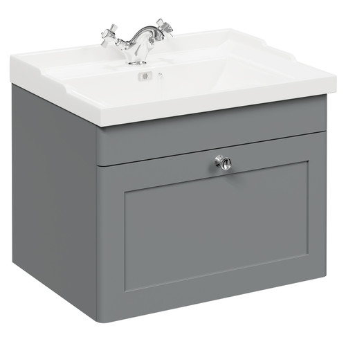 Danbury Satin Grey 600mm Wall Mounted Vanity Unit with 1 Tap Hole Traditional Basin and Single Drawer with Polished Chrome Handle Left Hand View