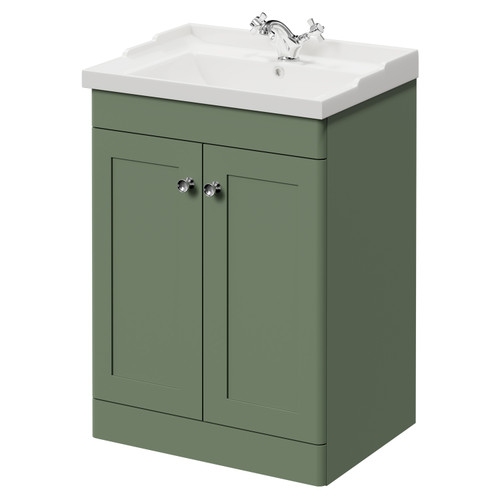 Danbury Satin Green 600mm Floor Standing Vanity Unit with 1 Tap Hole Traditional Basin and 2 Doors with Polished Chrome Handles Right Hand View