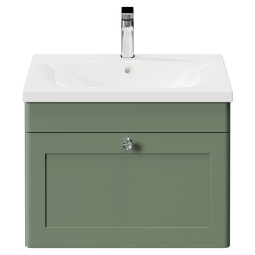 Danbury Satin Green 600mm Wall Mounted Vanity Unit with 1 Tap Hole Modern Basin and Single Drawer with Polished Chrome Handles Front View