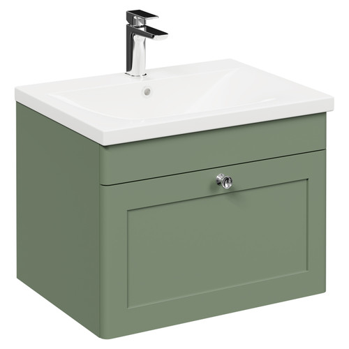 Danbury Satin Green 600mm Wall Mounted Vanity Unit with 1 Tap Hole Modern Basin and Single Drawer with Polished Chrome Handles Left Hand View