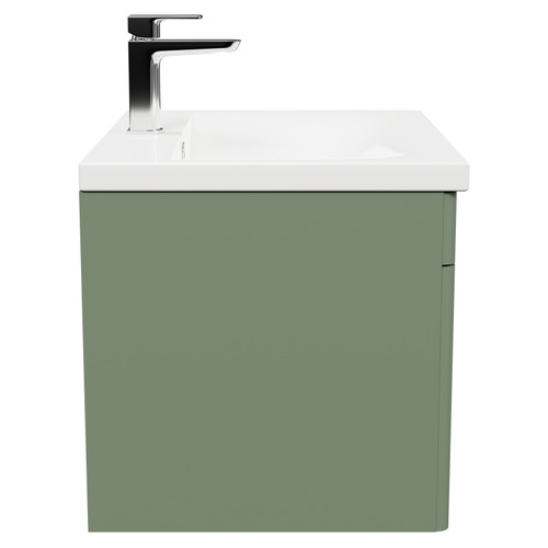 Danbury Satin Green 600mm Wall Mounted Vanity Unit with 1 Tap Hole Modern Basin and Single Drawer with Polished Chrome Handles Side View