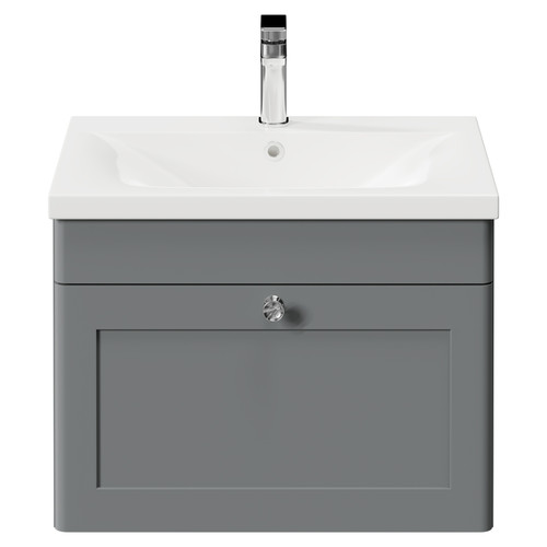 Danbury Satin Grey 600mm Wall Mounted Vanity Unit with 1 Tap Hole Modern Basin and Single Drawer with Polished Chrome Handle Front View