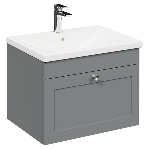 Danbury Satin Grey 600mm Wall Mounted Vanity Unit with 1 Tap Hole Modern Basin and Single Drawer with Polished Chrome Handle Left Hand View